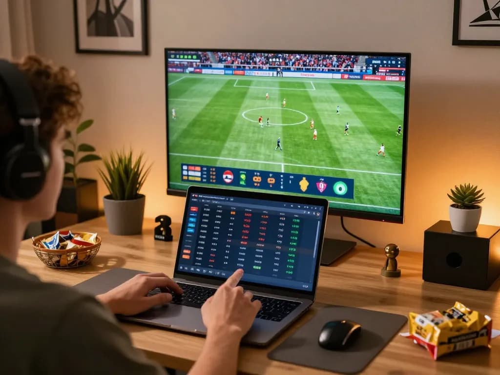 Person engaging with okwintv sports betting platform during live football match.