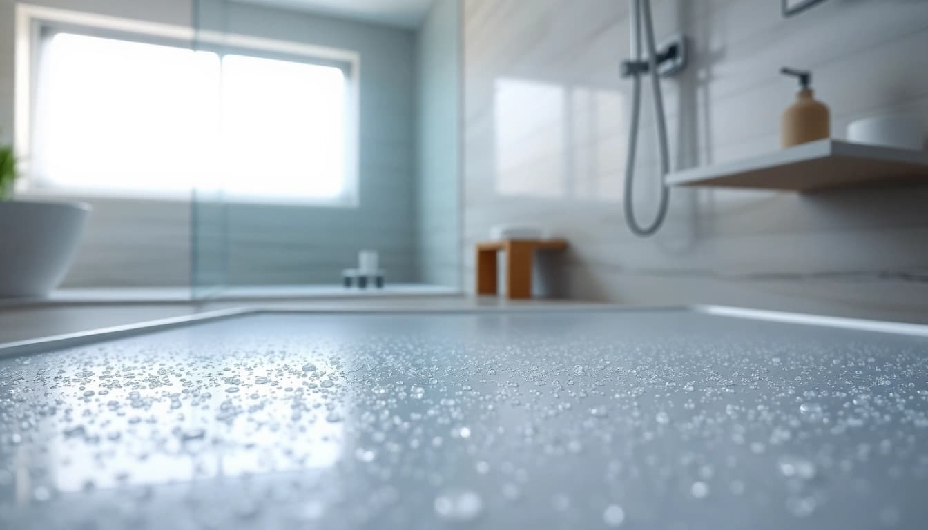 Piatto doccia ben installato in un elegante bagno moderno con riflessi luminosi.