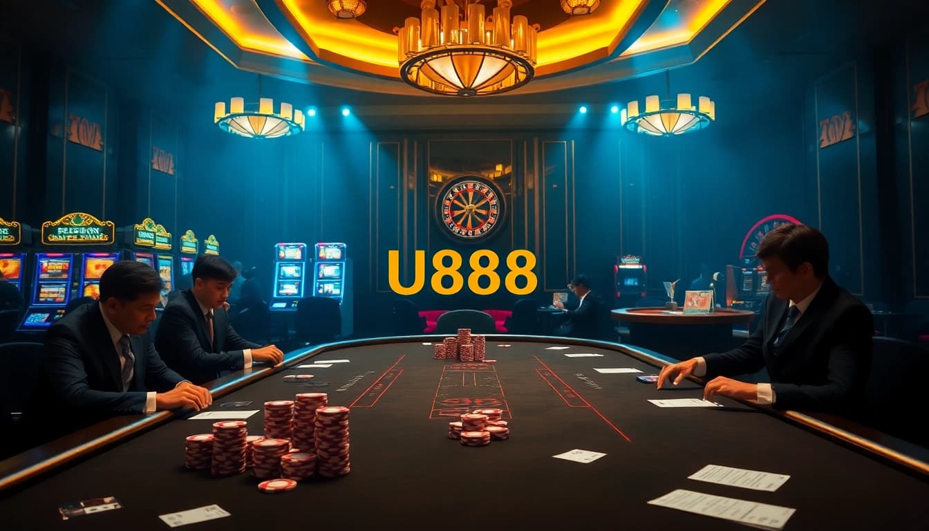 Experience high-stakes poker at U888 casino with vibrant poker chips and engaging players.