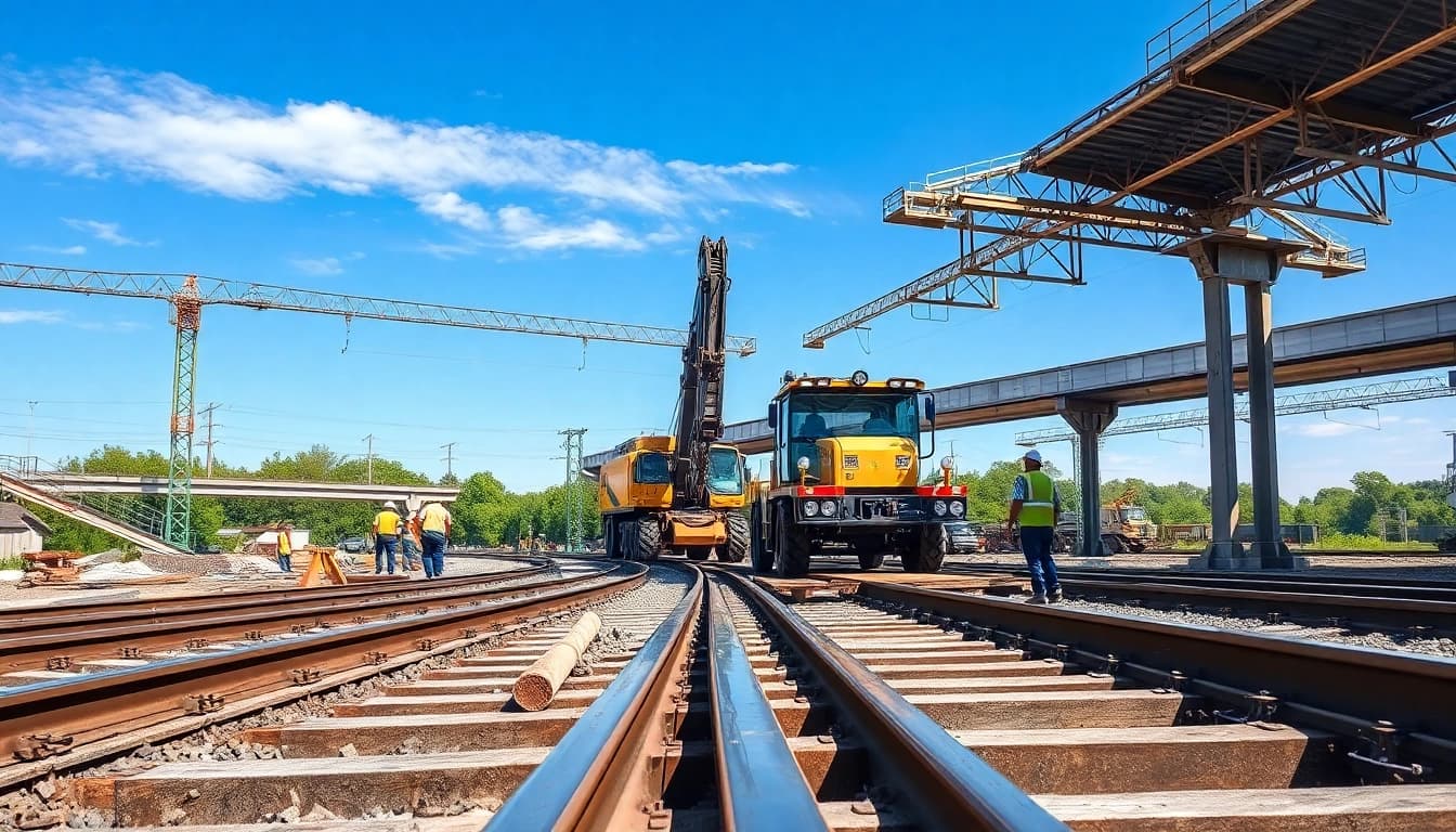 Workers efficiently constructing railroad tracks with advanced machinery at a busy railroad track construction company.