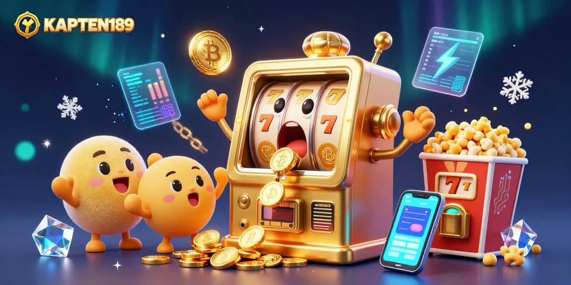 KAPTEN189 merayakan jackpot dengan mesin slot emas serta koin dan elemen kasino yang menarik.