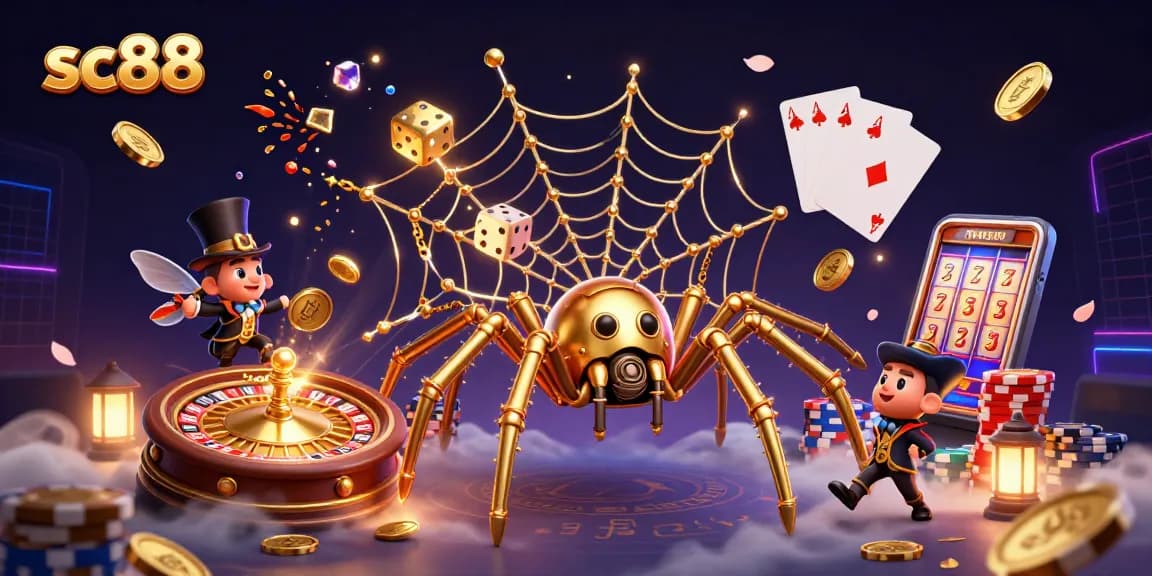 sc88 captivates players with a vibrant 3D scene of a steampunk spider and gambling treasures.