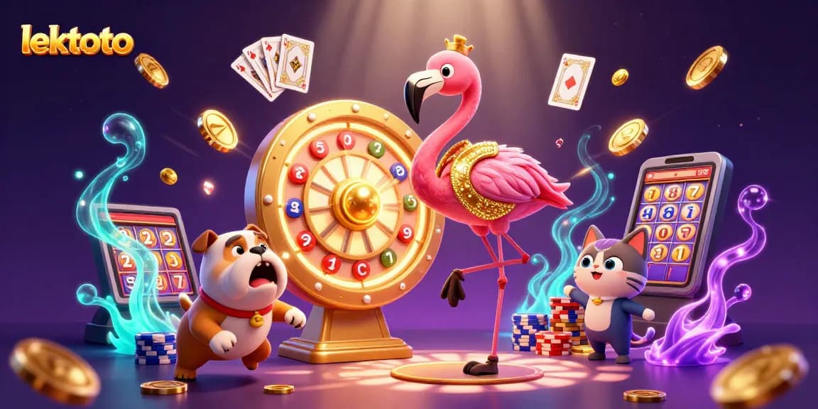 Spin the lektoto prize wheel with a flamingo host, bulldog contestant, and cat scoreboard assistant.