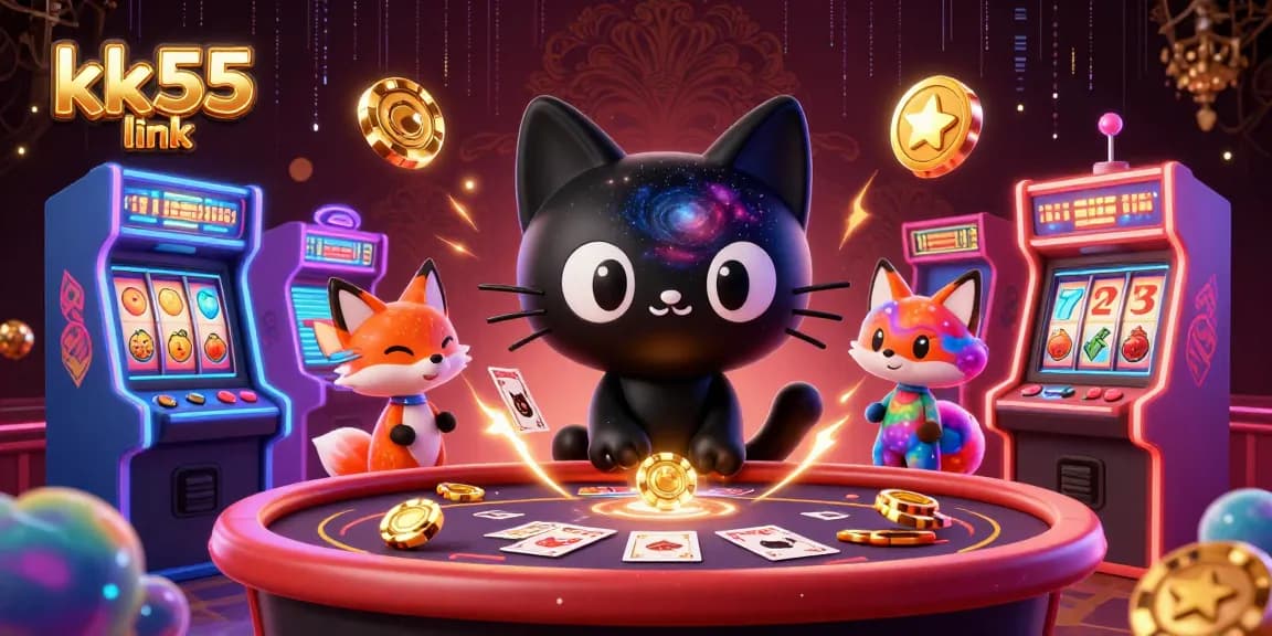 Experience thrilling gaming with the KK55 link, featuring a cosmic casino scene filled with colorful game elements.