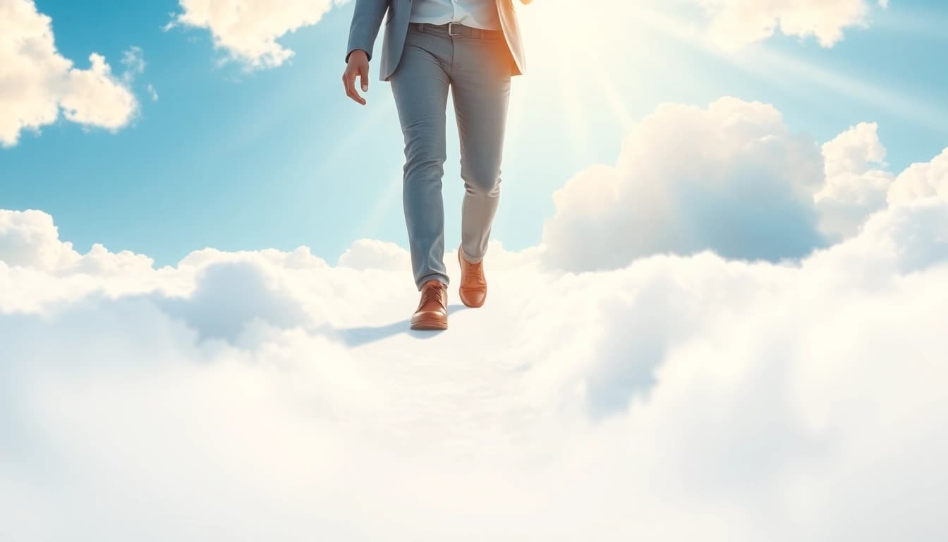 Walking on Clouds: A person joyfully walks among fluffy clouds in stylish shoes, embodying a sense of freedom.