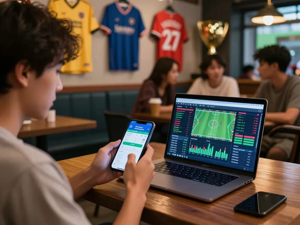 Engaging user checking kèo nhà cái on smartphone in vibrant sports bar environment with friends.