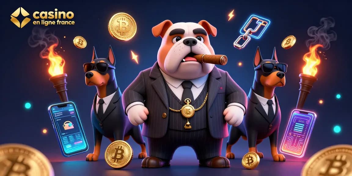 Illustration 3D représentant un bulldog mafieux et ses gardes du corps au casino en ligne France, entouré de crypto-monnaies.