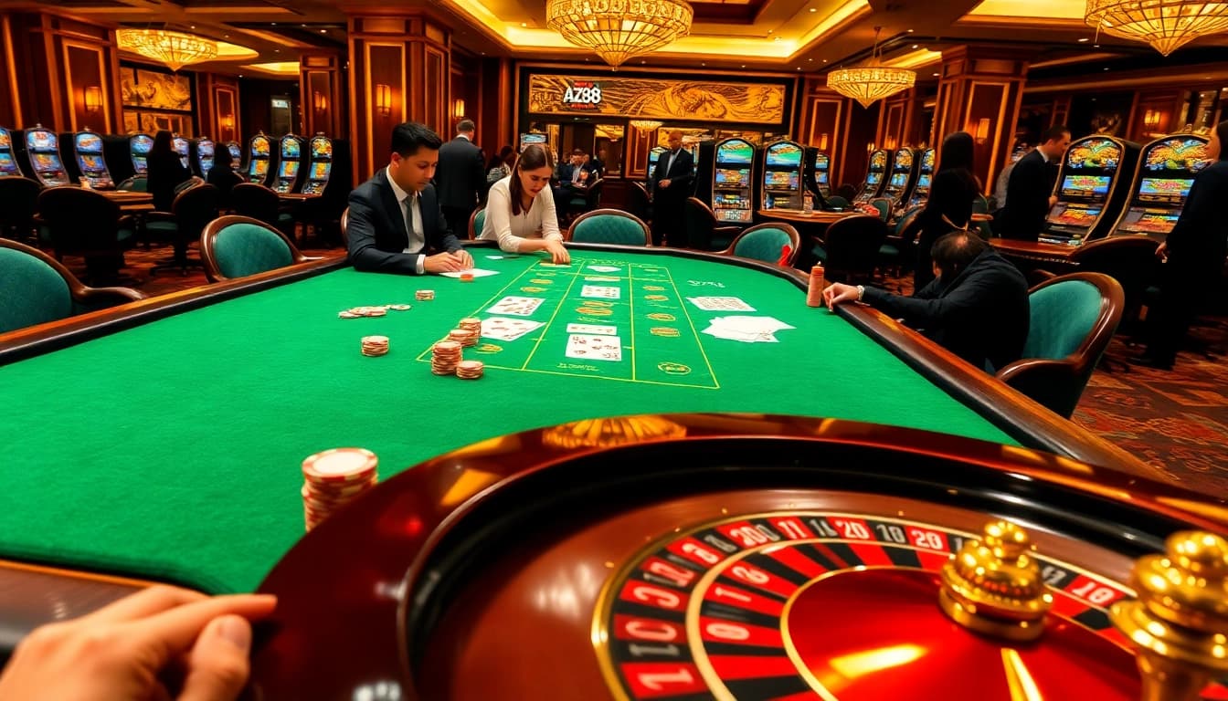 Players strategizing at a poker table in a sophisticated AZ88 casino setting, creating a thrilling atmosphere.