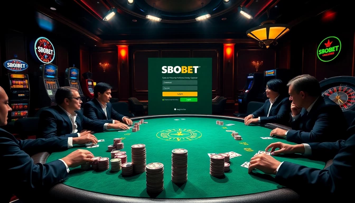 SBOBET login interface showcased amid an elegant casino setting filled with poker tables and vibrant gaming elements.