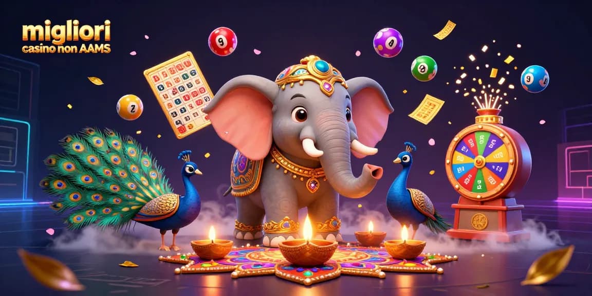 Scopri i migliori casino non AAMS con elefante e pavone in un'illustrazione vivace e accattivante.
