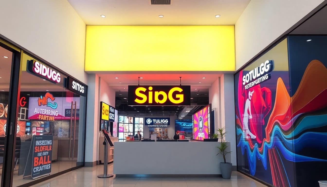 Rótulos vibrantes y exhibidores que muestran rótulos en Alicante en un entorno empresarial moderno.
