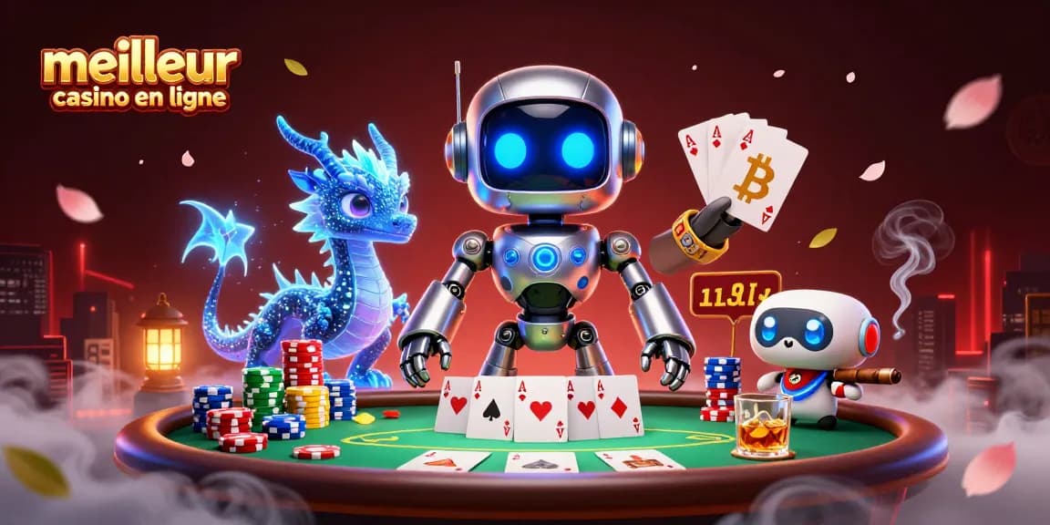 Jouez au meilleur casino en ligne avec cette illustration vibrante et animée présentant un robot cybernétique et un dragon holographique.