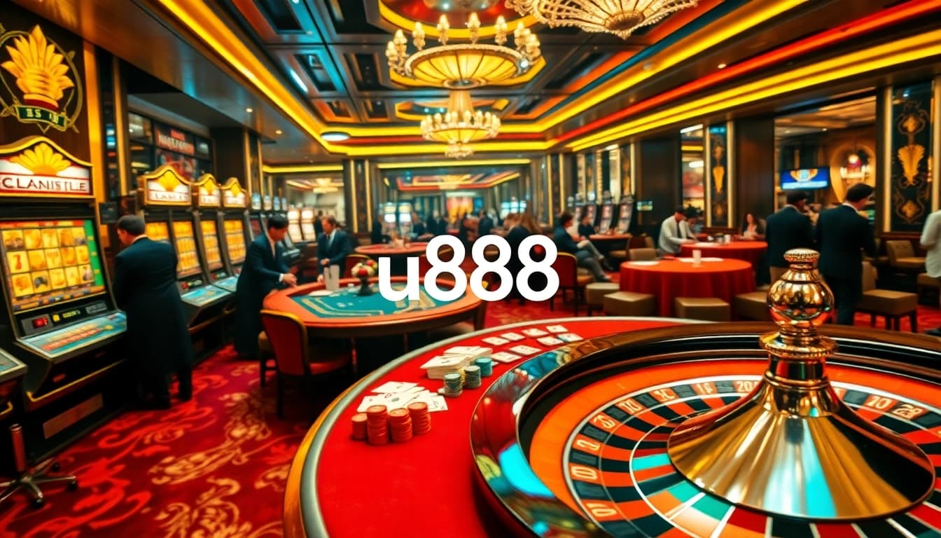 Experience exciting games at u888 with poker chips and roulette in a vibrant casino setting.