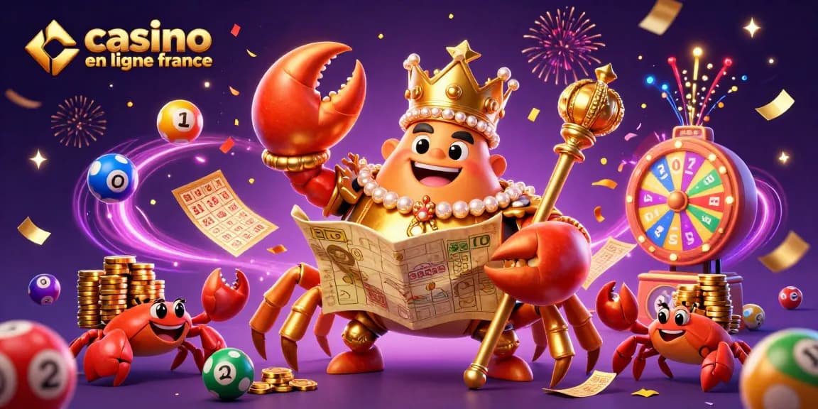 Vibrante illustration de "casino en ligne france", avec un crabe empereur et des ballons de loterie.
