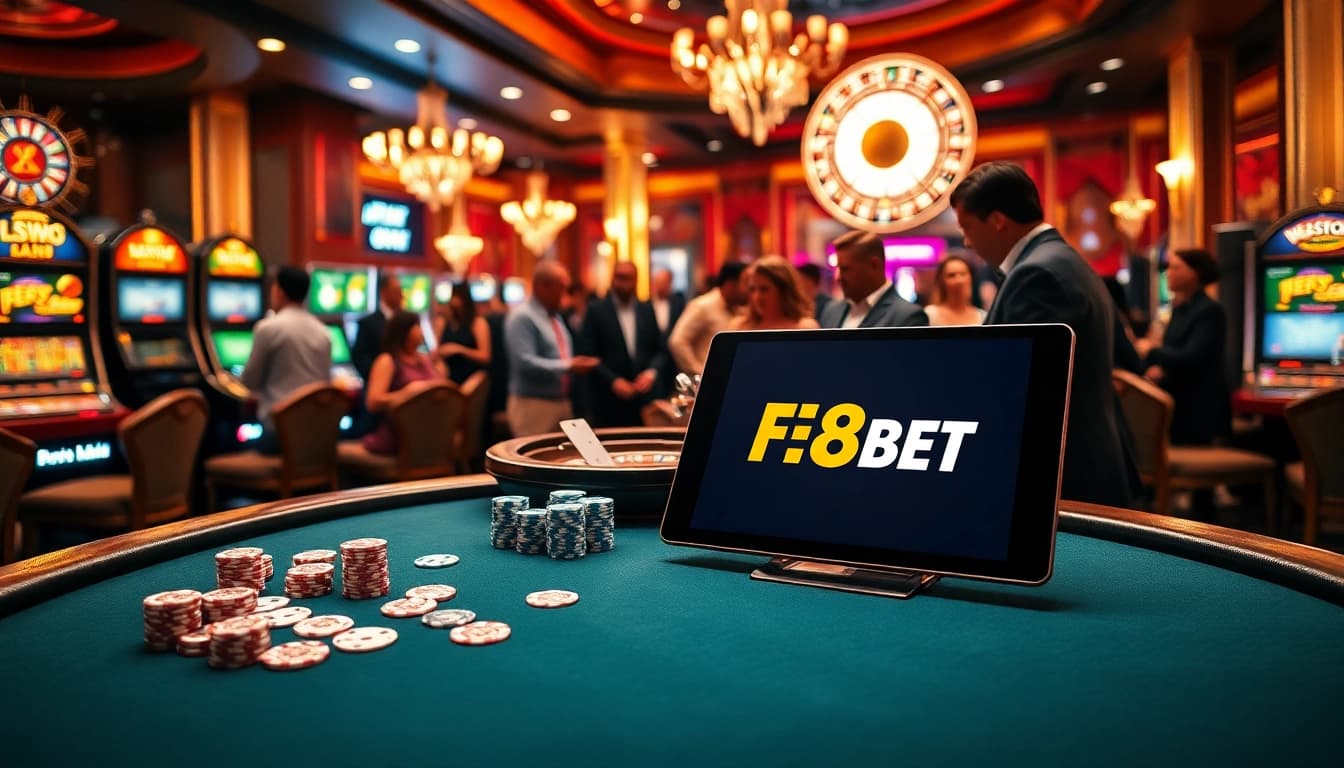 Players enjoying exciting poker and slot games at F88BET’s luxurious casino environment.