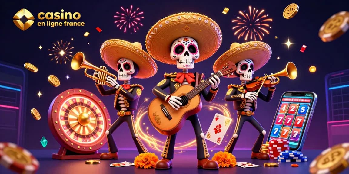 Jouer au casino en ligne France avec une bande de mariachis squelettes animée entourée de pièces d'or.