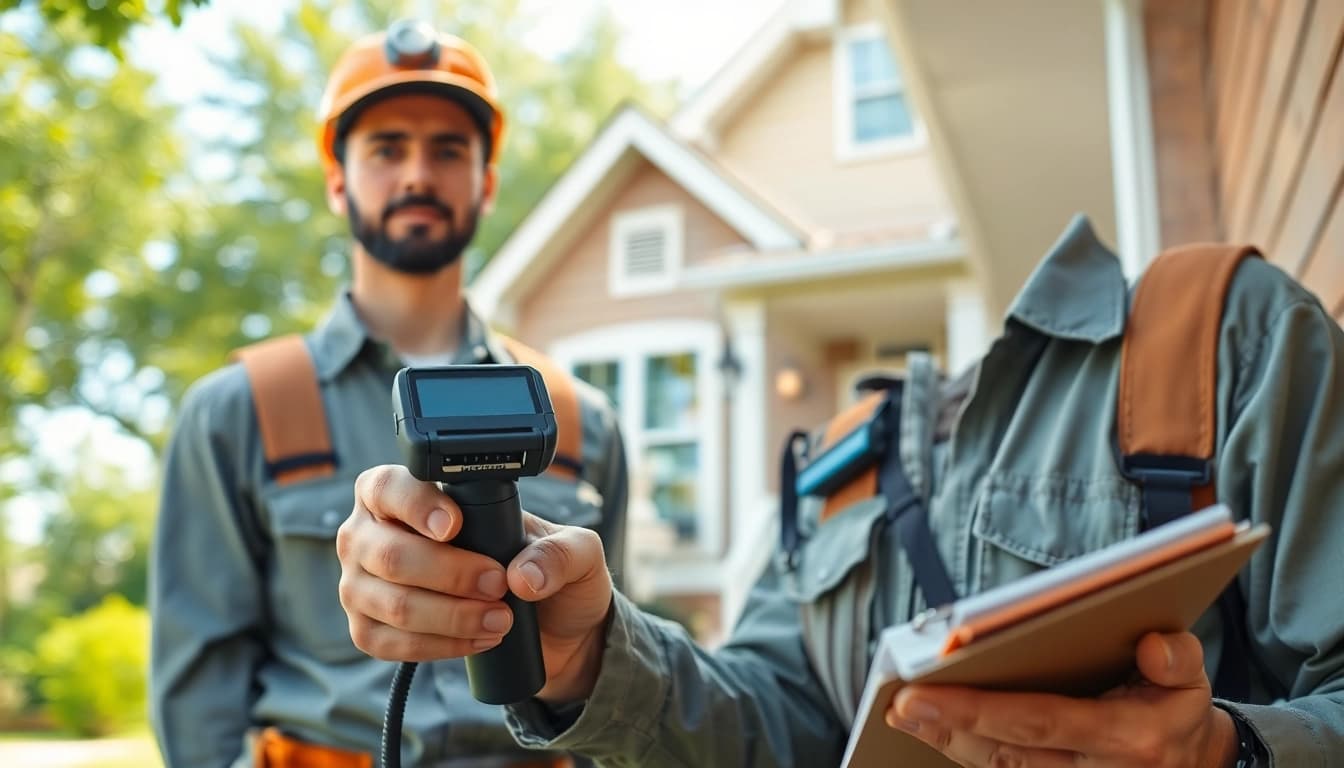 Home pest control company technician inspecting a house for pests with professional tools.