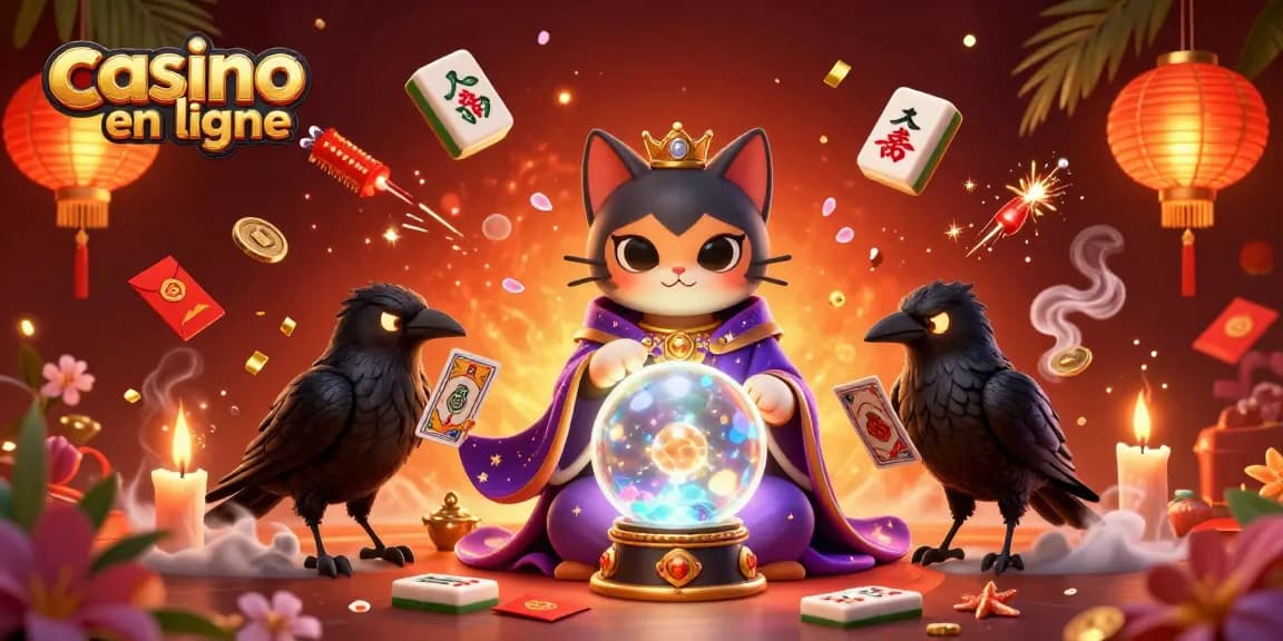Jouez sur un casino en ligne avec notre illustration captivante d'un chat mystique et d'un corbeau, entourés d'éléments de jeu.