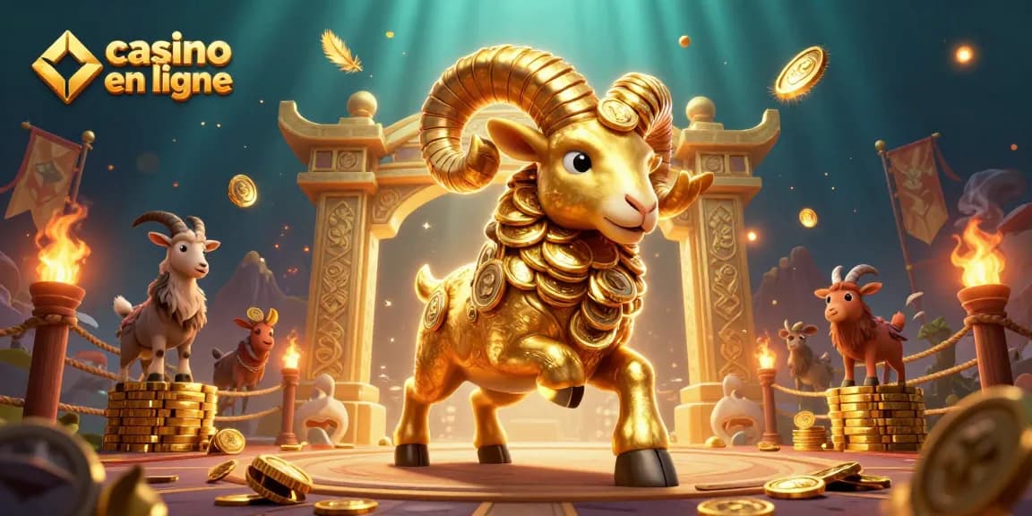 Faites l'expérience de l'excitation du casino en ligne avec un bélier doré imposant à la porte du jeu.