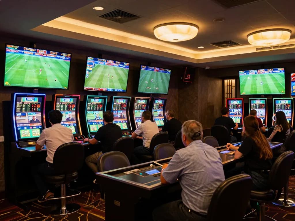 KQBD sports betting scene with patrons engaged enthusiastically while placing bets on live matches.