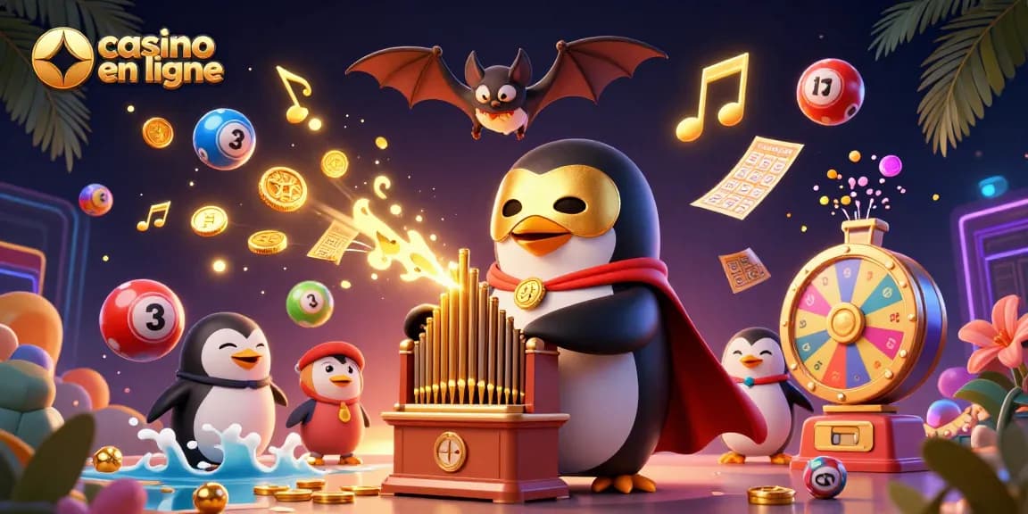 Illustration d'un casino en ligne avec un pingouin jouant de l'orgue et des balles de loterie colorées.