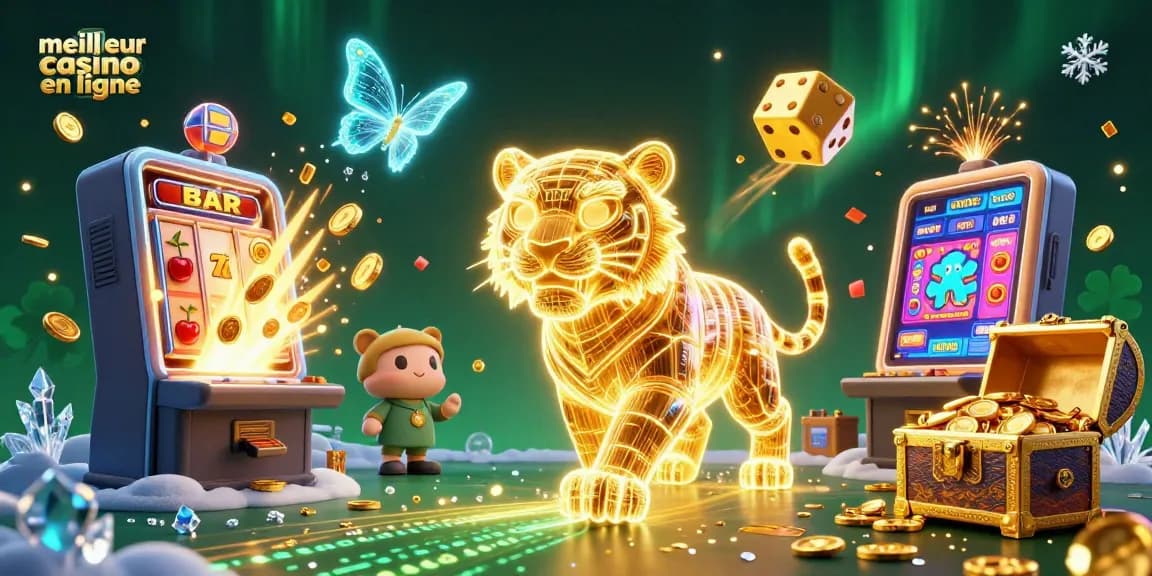 Jouez au meilleur casino en ligne avec des machines à sous et un tigre lumineux dans un paysage numérique.