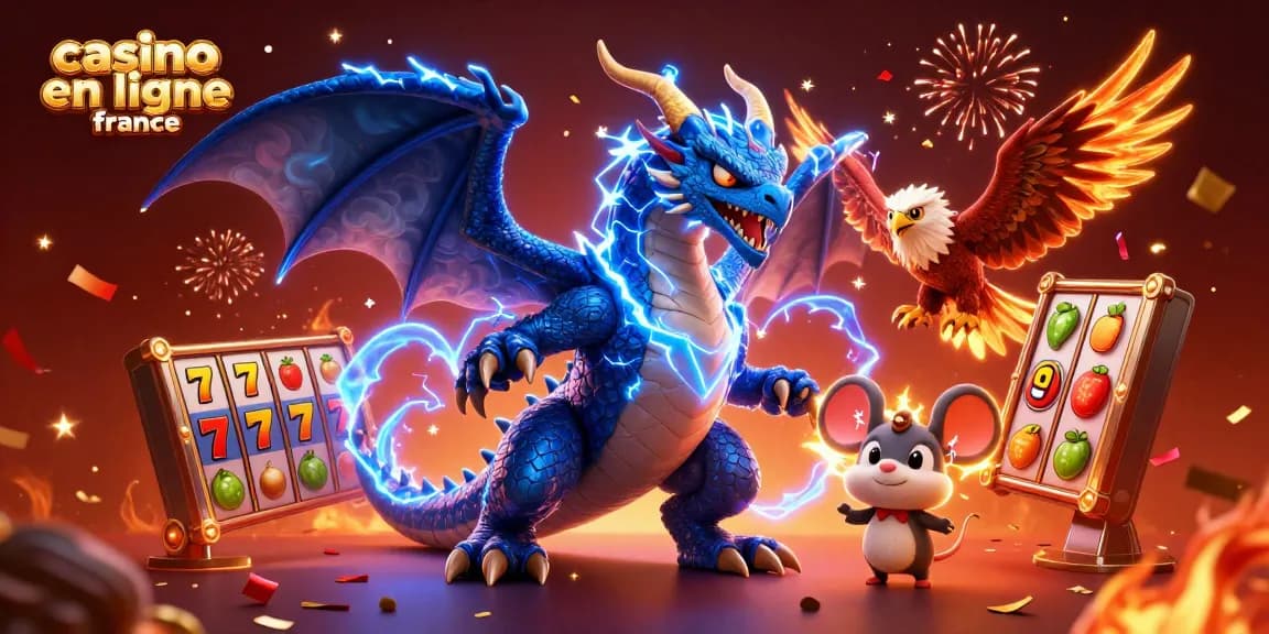 Plongez dans l'univers dynamique de casino en ligne france avec un dragon, un faucon et des éléments de machines à sous.