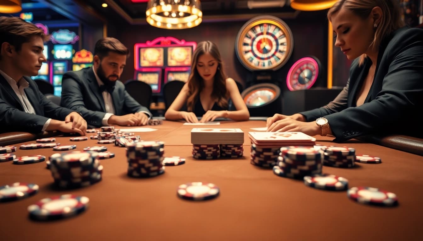 Players strategize at an X88 poker table, highlighting excitement in a vibrant casino scene.