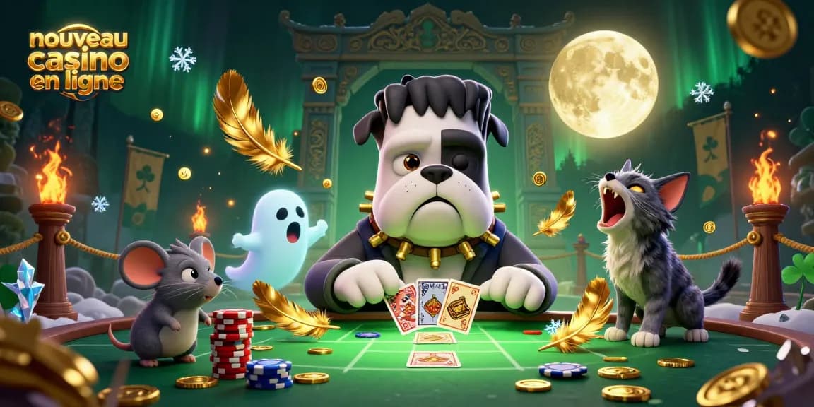 Jouez au nouveau casino en ligne avec un bulldog Frankenstein distribuant des cartes dans une ambiance animée.