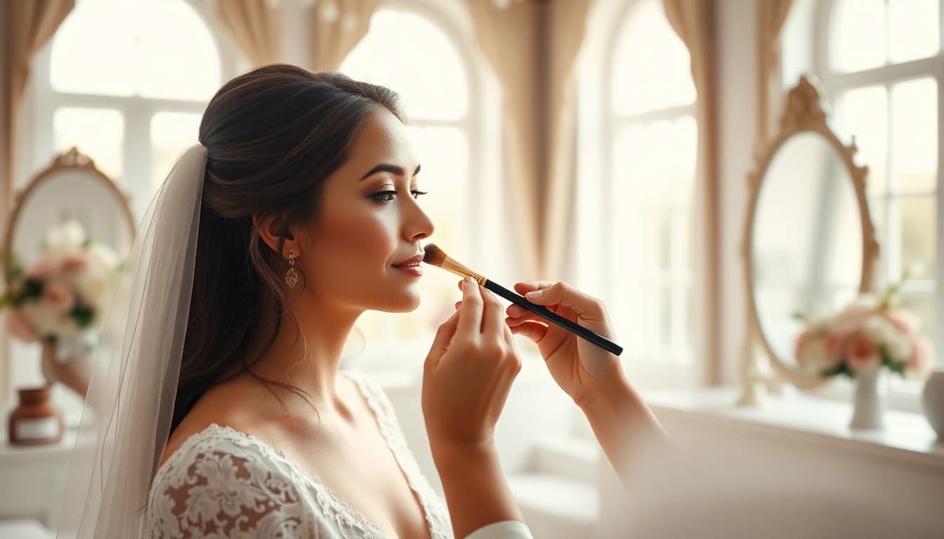 Wedding makeup artist beautifying a bride in a serene bridal suite with elegant touches.