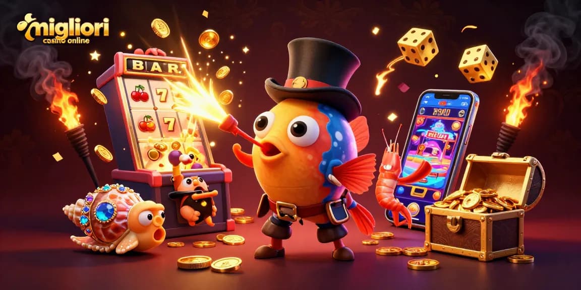 Scopri i migliori casino online mentre il pesce angler attira monete dorate in un'illustrazione vibrante.