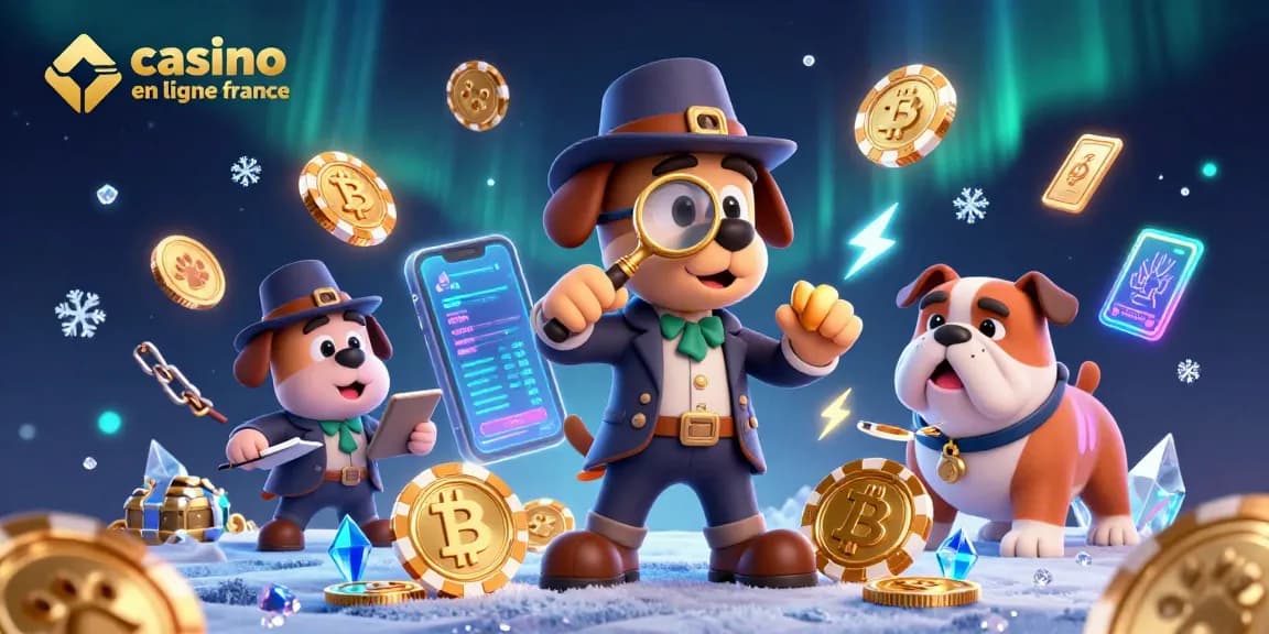 Plongez dans l'univers du casino en ligne France avec des indices de poker et des pièces de crypto-monnaie.