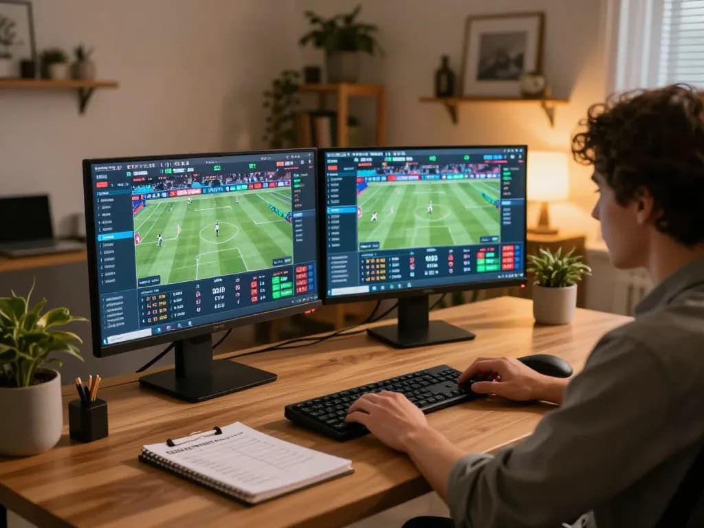 Engaging in bk33 online sports betting at a stylish home office, showcasing live events.