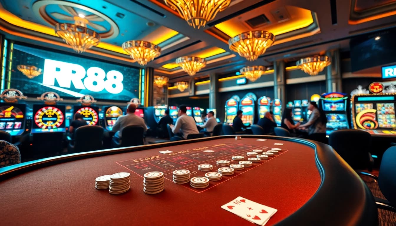 RR88 players enjoying high-stakes gaming at a vibrant casino table with chips and cards.