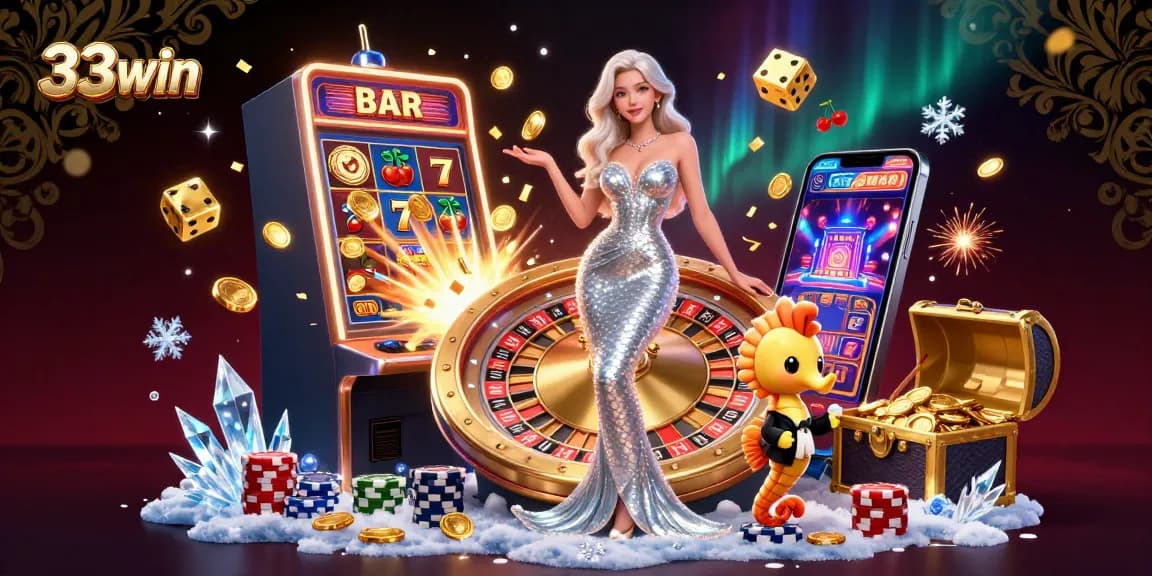 Experience the thrill of winning at 33win with a vibrant casino scene featuring a golden roulette wheel.