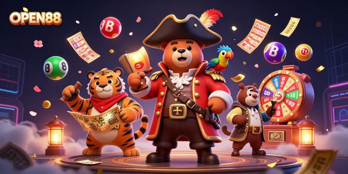 Engage in thrilling entertainment with OPEN88's vibrant gaming scene featuring colorful elements and dynamic characters.