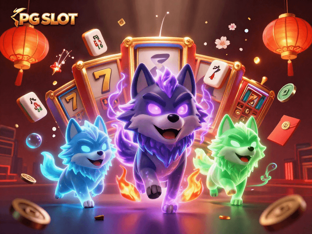 Experience thrilling PG SLOT action with vibrant 3D wolves and dynamic casino elements.