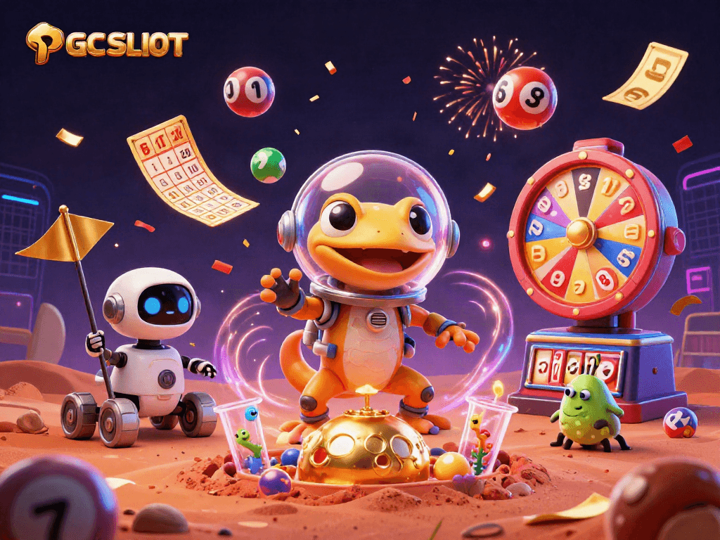 Engage with PG SLOT through a vibrant scene of gaming excitement and Martian whimsy, showcasing a unique casino adventure.