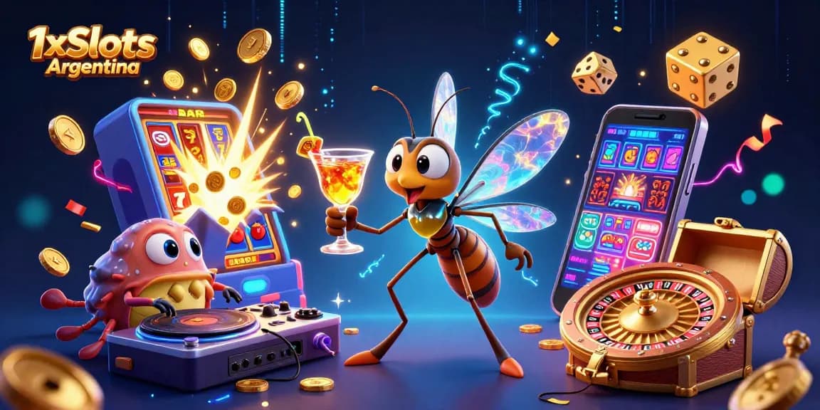 Play at 1xSlots Argentina, featuring unique characters and vibrant casino elements for an exciting experience.
