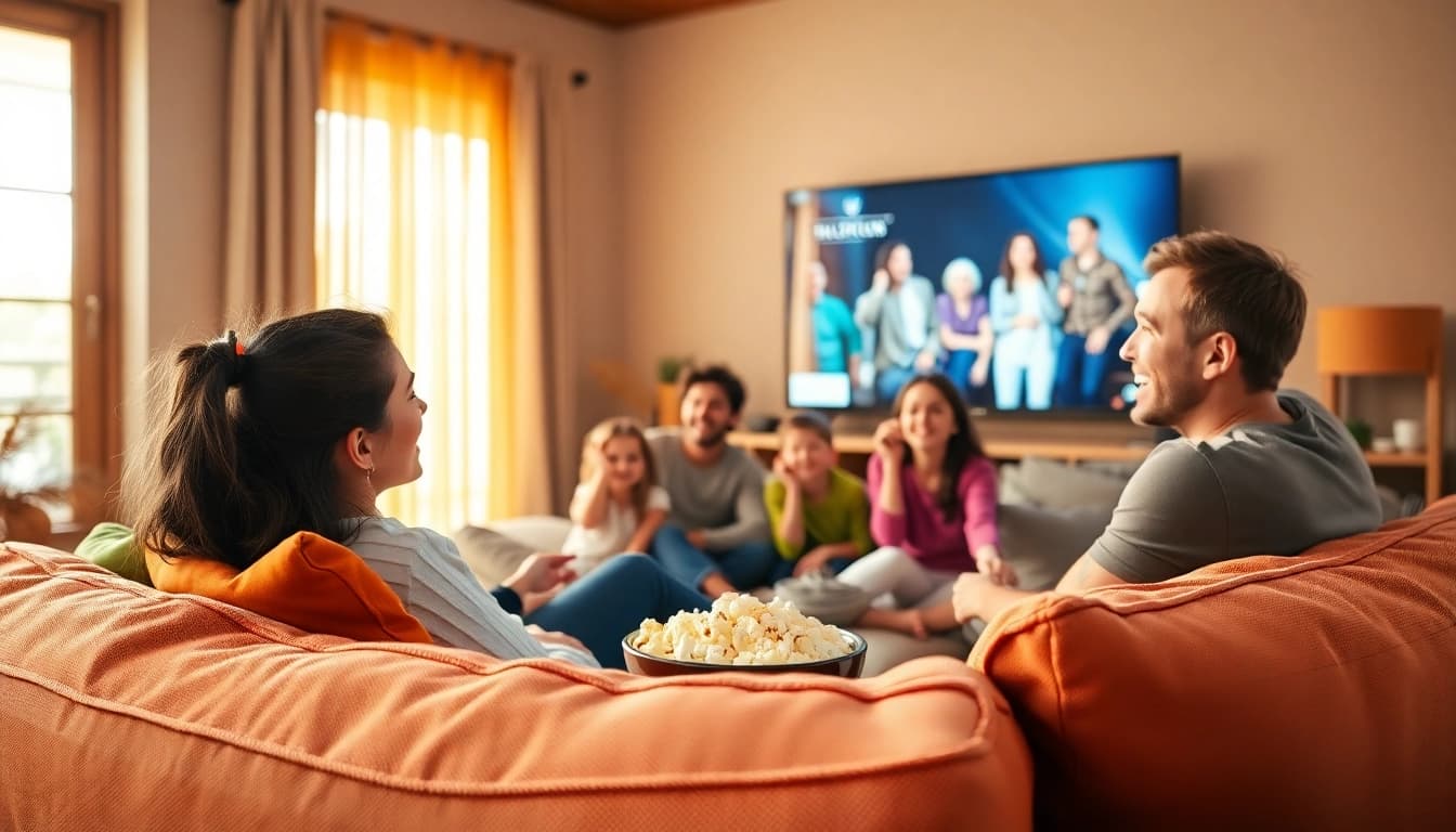 Enjoy a heartfelt family moment watching ดูหนัง together in a cozy living room.