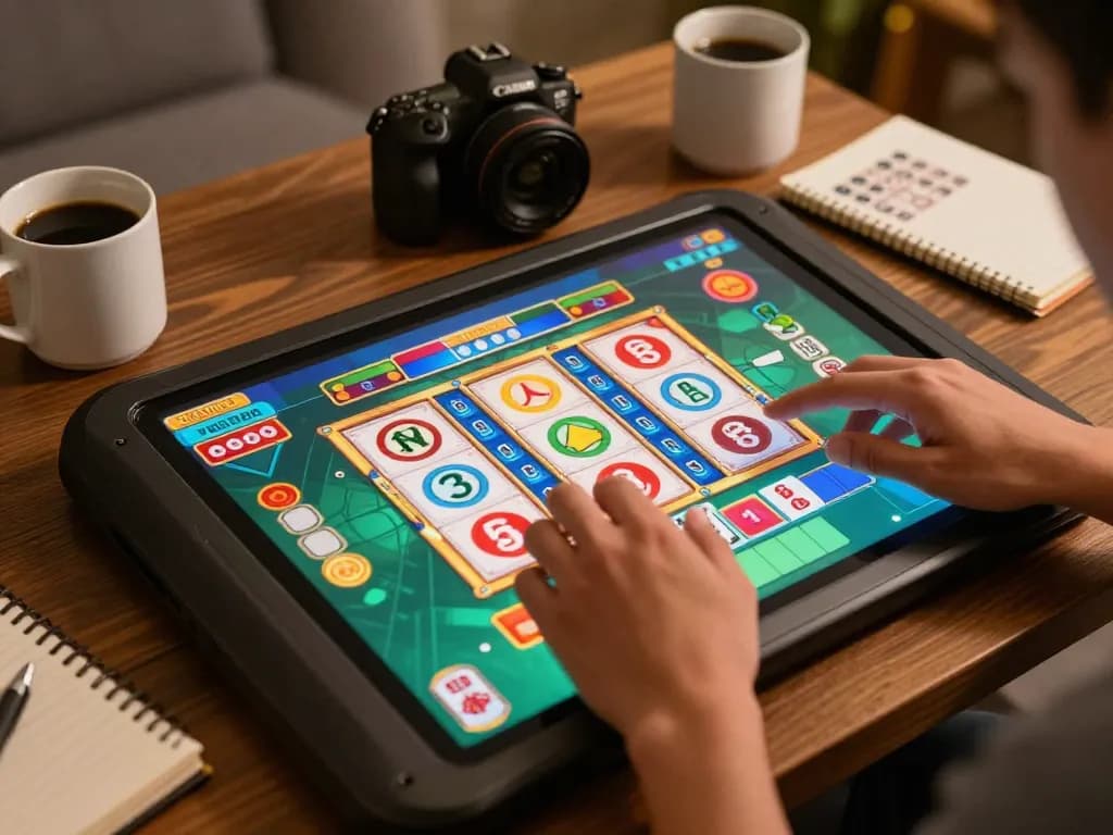 Engaging view of slot gacor game displayed on tablet, showcasing colorful reels and strategic betting.
