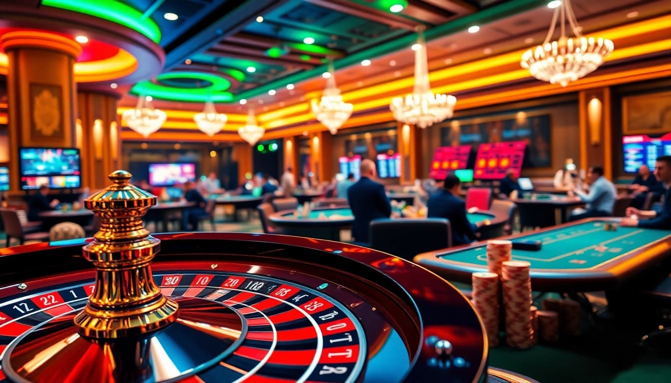Découvrez l'excitation du casino en ligne avec des jetons de poker colorés et une roulette en action.
