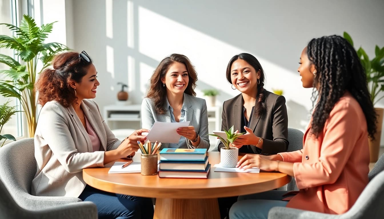 Empowered women participating in leadership coaching for women in a modern office.