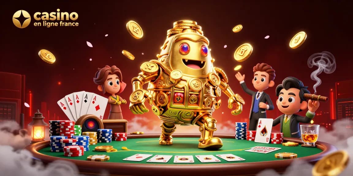 Jouer au casino en ligne France, affichant un golem doré et des éléments de poker dynamiques.