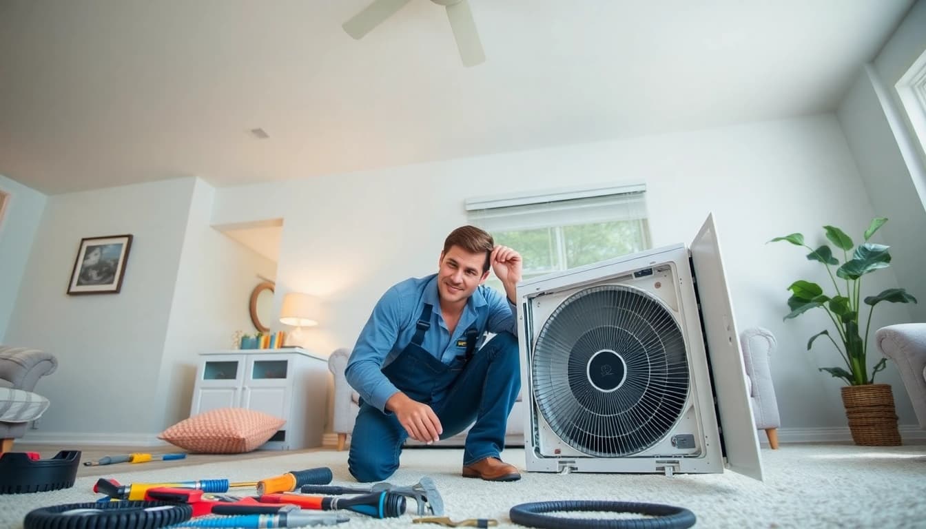 AC repair Garner, NC technician working on a residential air conditioning unit, showcasing professionalism and expertise.