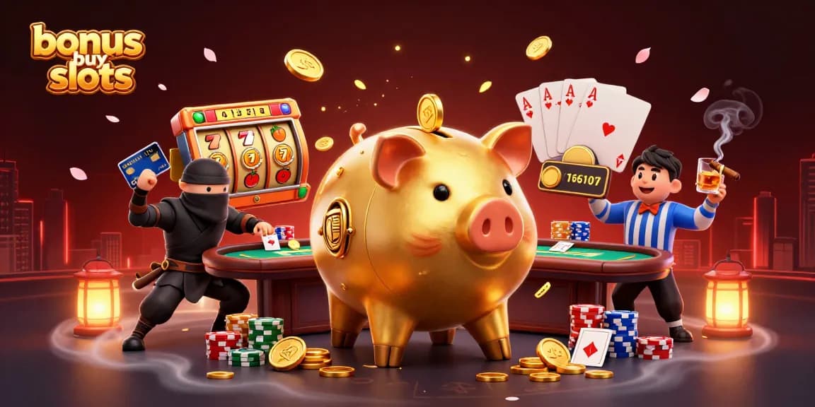 Engage in exciting bonus buy slots gameplay with the lively golden piggy bank, ninja, and referee.