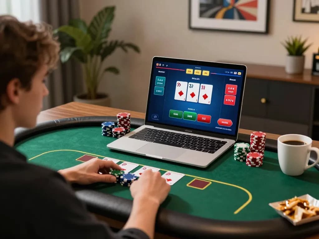 KJC poker game setup captures online gambling strategy with warm ambiance and engaging gameplay.