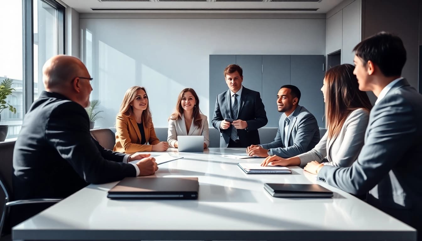 Business for sale negotiation scene with diverse individuals in a modern office.
