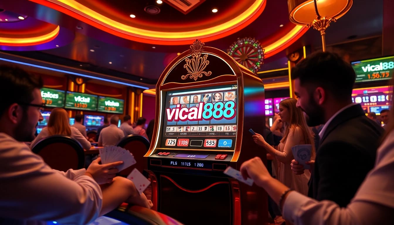 Engage with the viral88 slot machine in a luxurious casino environment, showcasing vibrant gaming excitement.