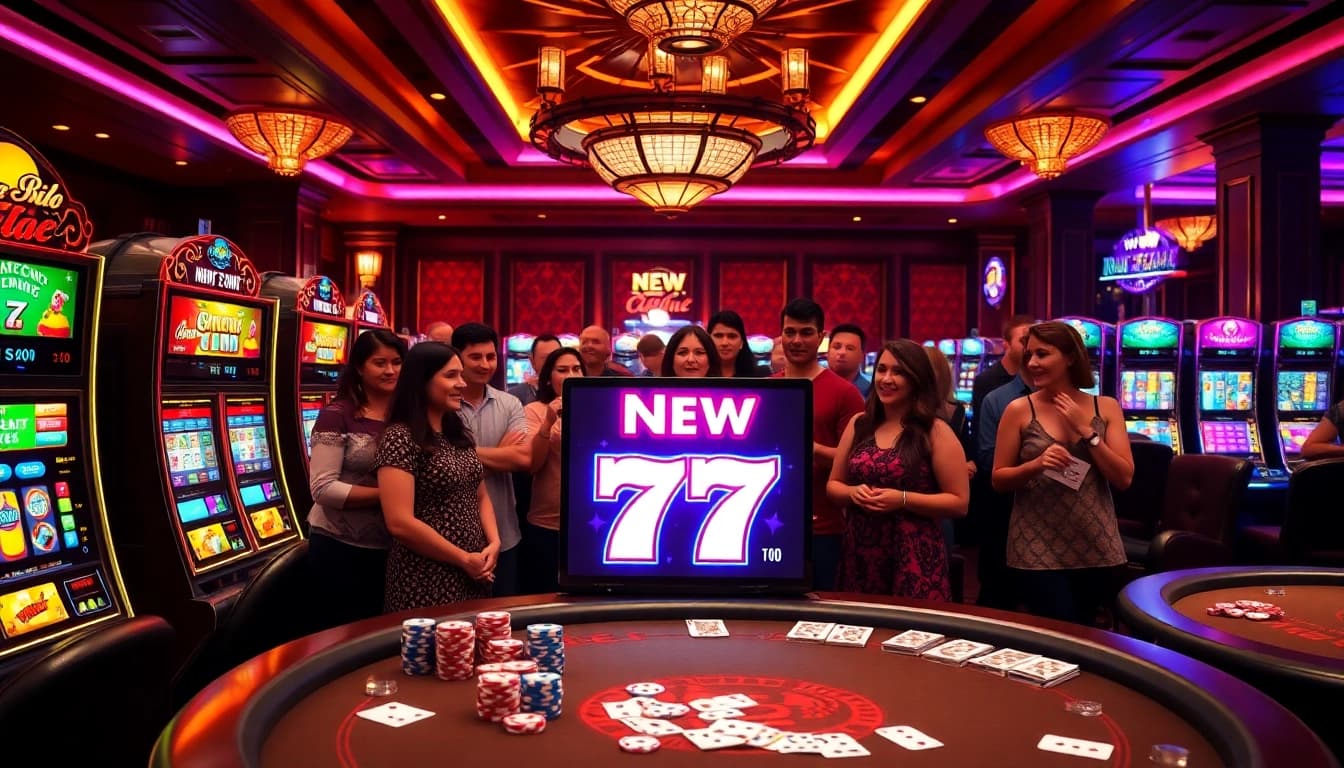 Experience the thrill of New 77 at a luxurious casino filled with vibrant slot machines.